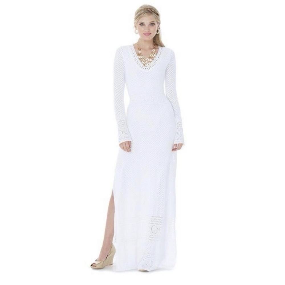 Lilly Pulitzer XS Mila White Crochet Maxi Dress Resort Long Sleeve Beach Boho